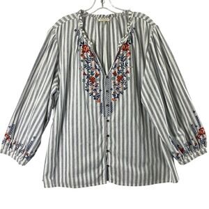 Kate & Sam Womens XXL Embroidered‎ Blouse Boho Striped Casual Button Down Top